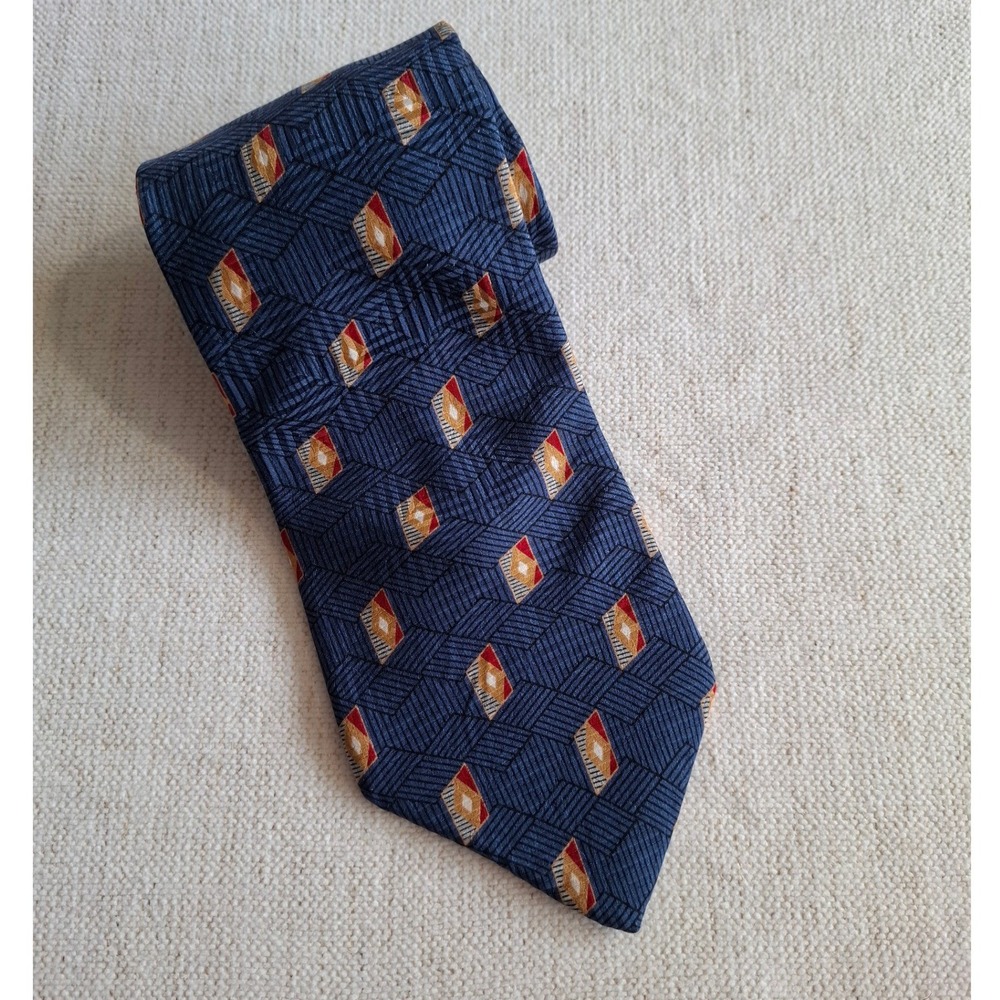 Vintage Blue Rhombus Silk Tie Geometric Preppy Dark Academia Luxury Grandpacore